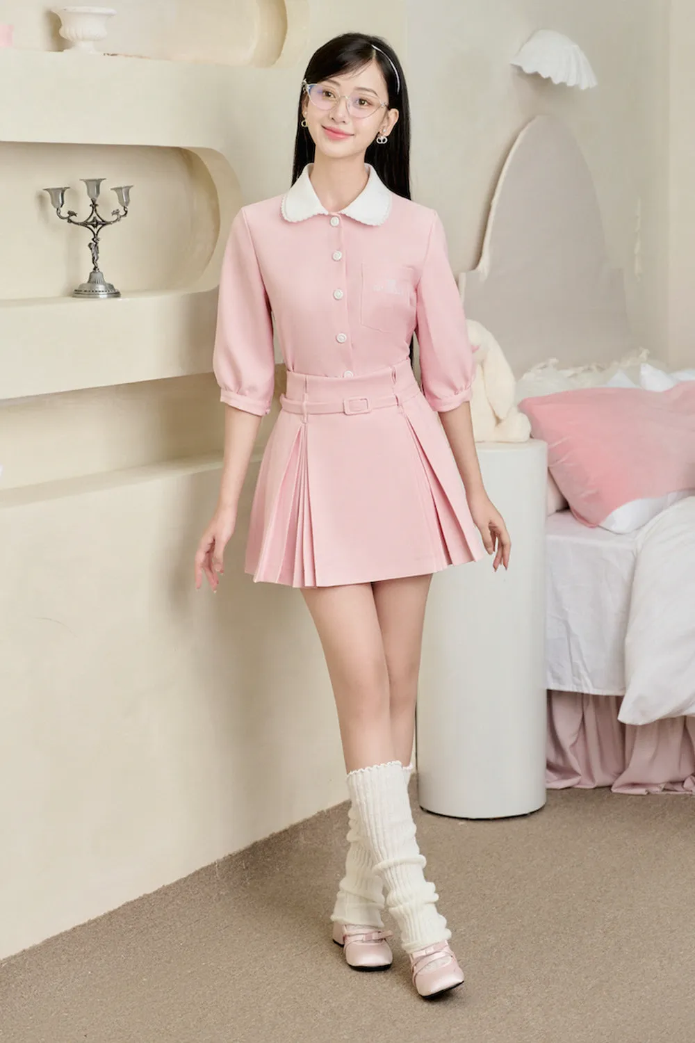 Minnie A-line Side Pleated Cotton Mini Skirt