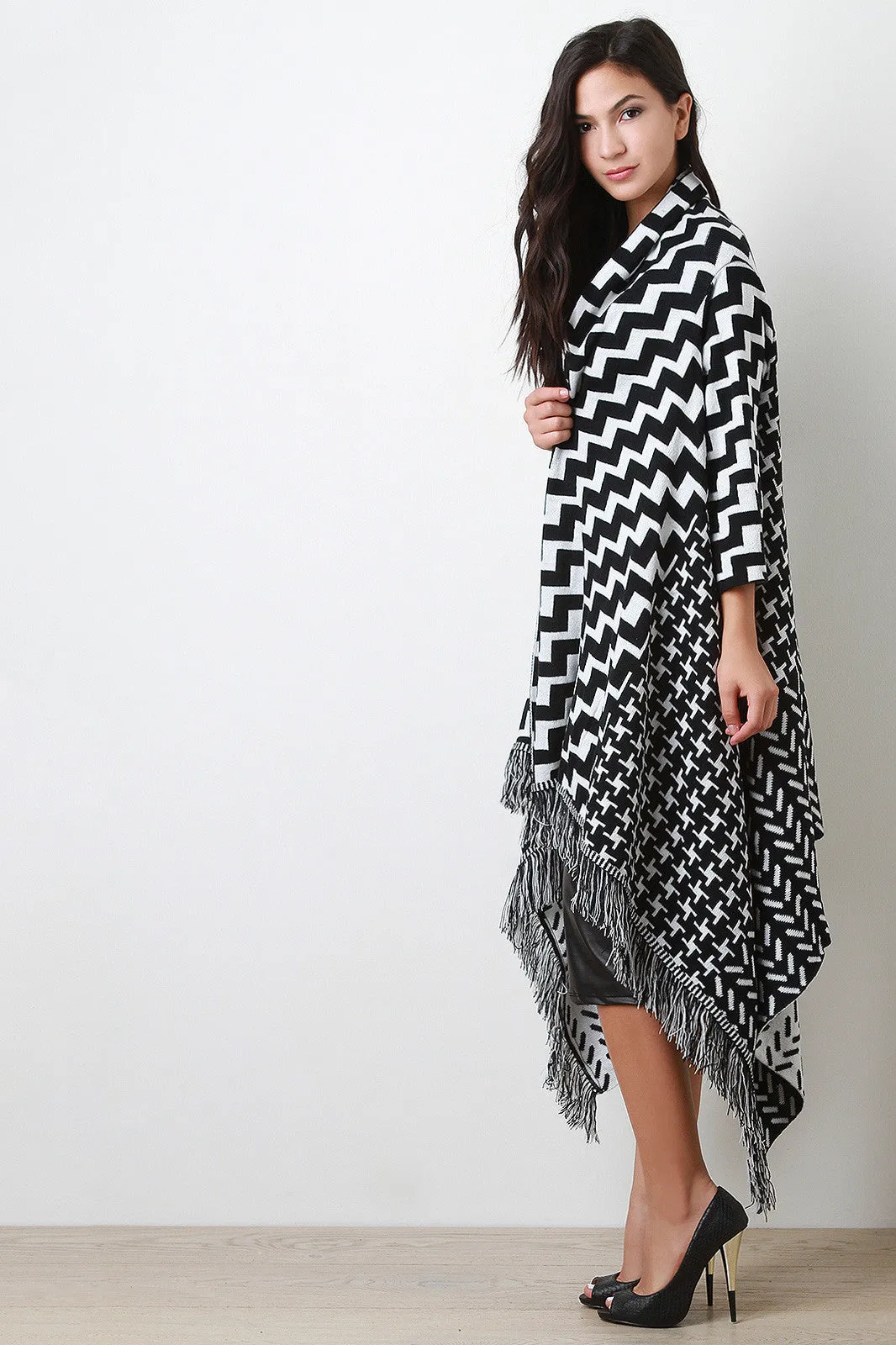 Mixed Pattern Fringe Open Front Poncho