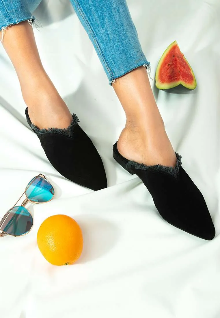 MOLLY Black Frayed Leather Mules