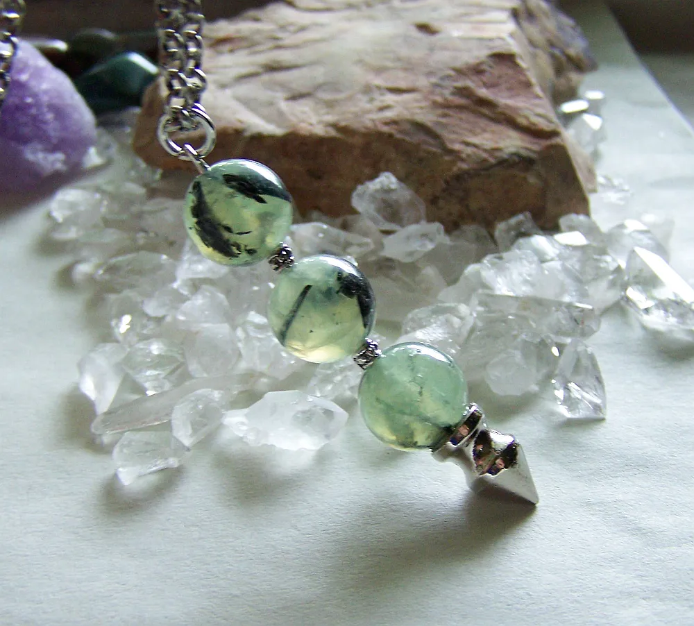 Natural Prehnite Gemstone Ball Silver Spike Pendulum Pendant