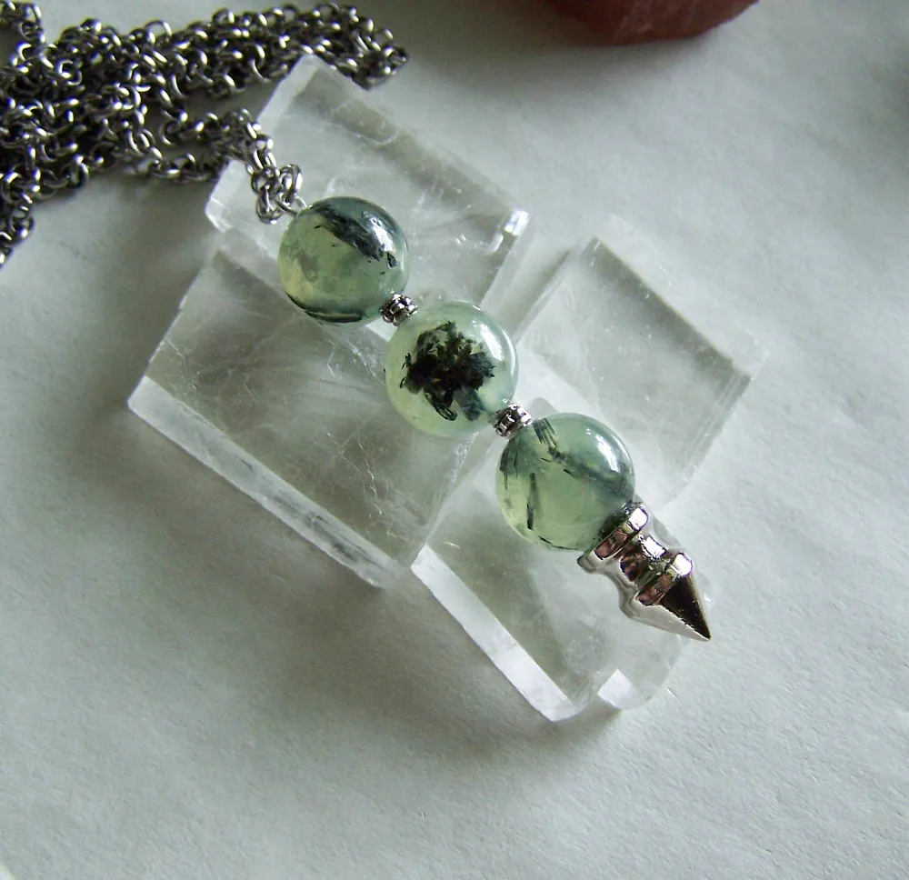 Natural Prehnite Gemstone Ball Silver Spike Pendulum Pendant