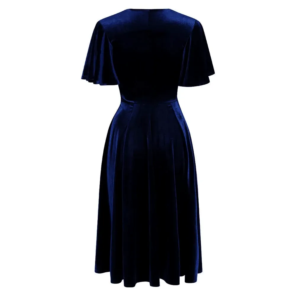 Navy Blue Velour Waterfall Sleeve Crossover Wrap Effect Swing Dress