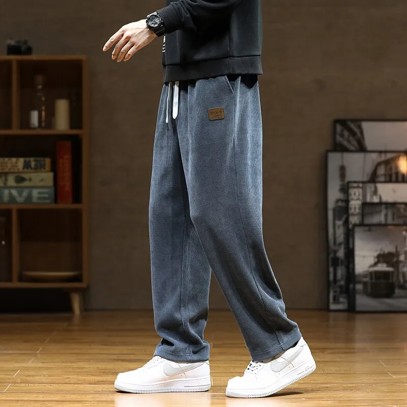 New Winter Men Plush Warm Casual Pants Sweatpants Quality Couple Wide Leg Joggers Straight Solid Color Large Long Baggy Pants