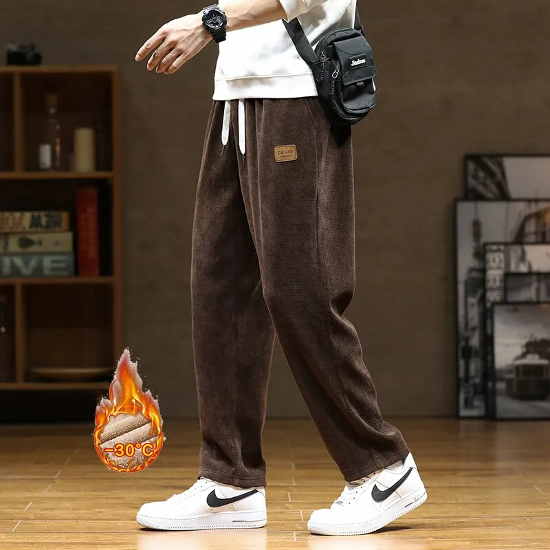 New Winter Men Plush Warm Casual Pants Sweatpants Quality Couple Wide Leg Joggers Straight Solid Color Large Long Baggy Pants