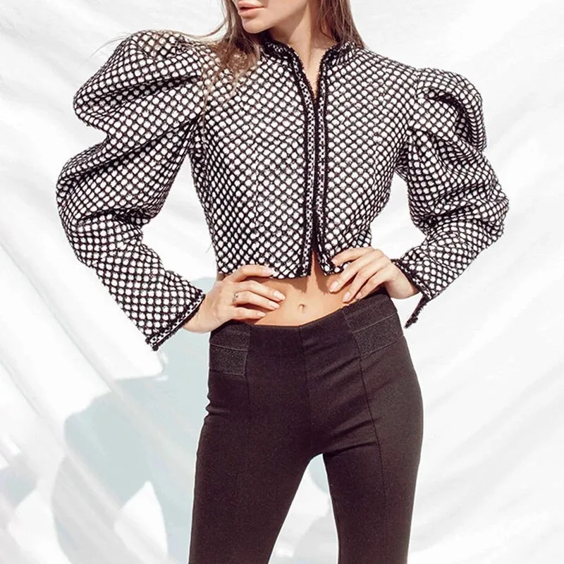 NINA BLACK & WHITE PUFF SLEEVE CROPPED JACKET