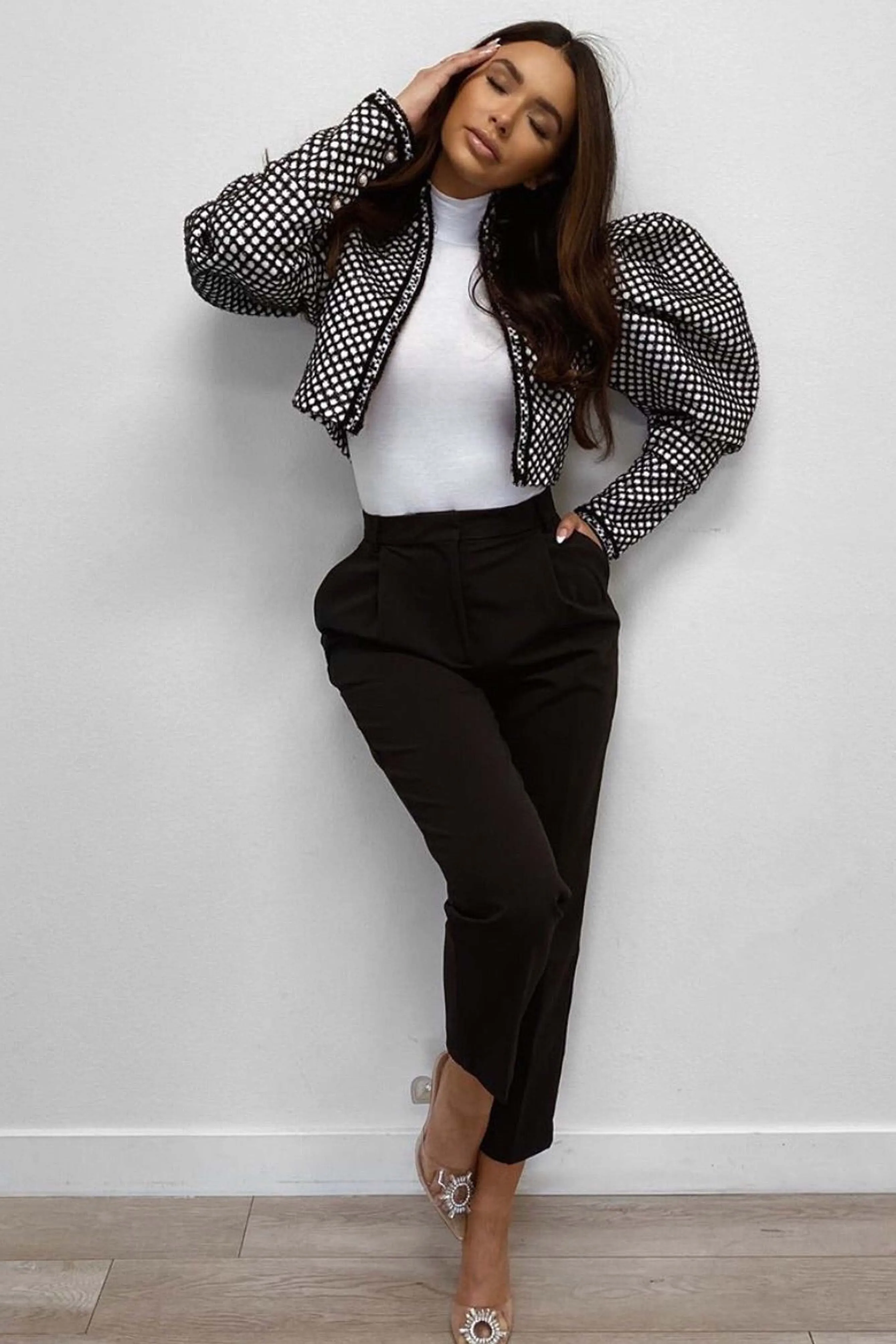 NINA BLACK & WHITE PUFF SLEEVE CROPPED JACKET