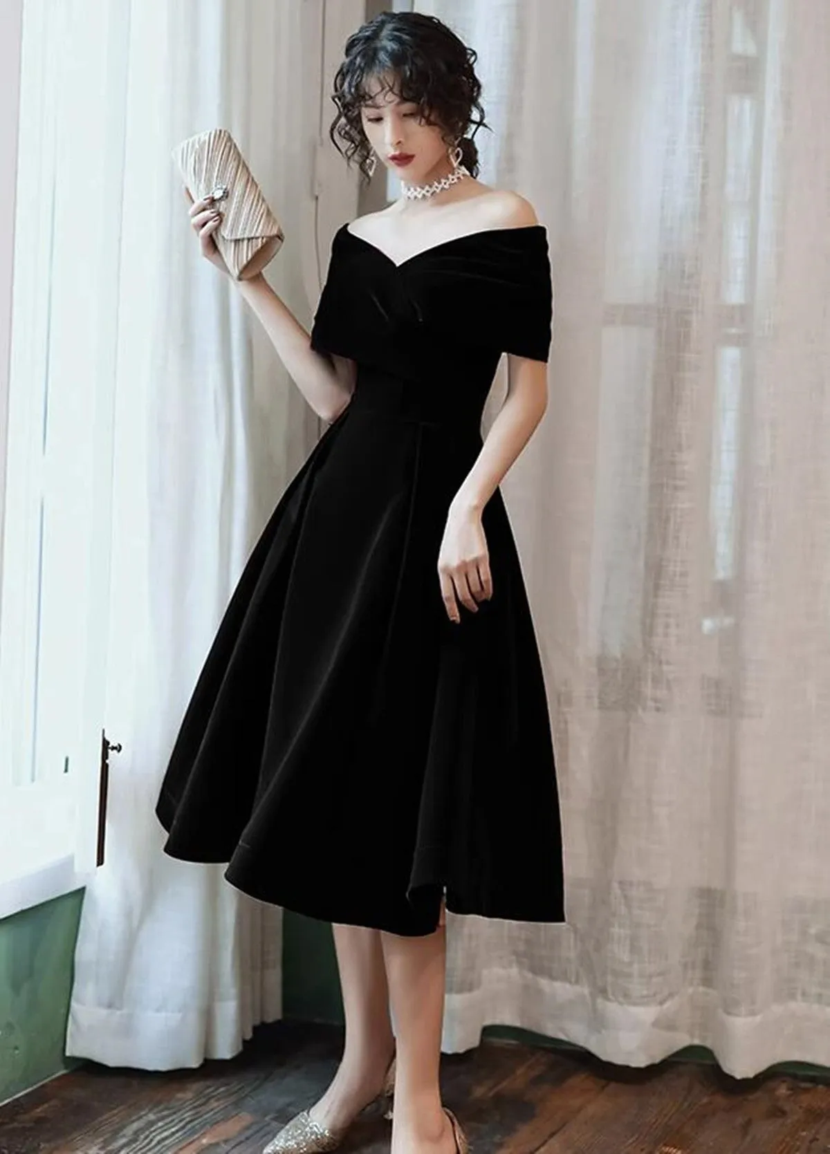 Off Shoulder Black Velvet Tea Length Party Dress, Off Shoulder Velvet Homecoming Dress