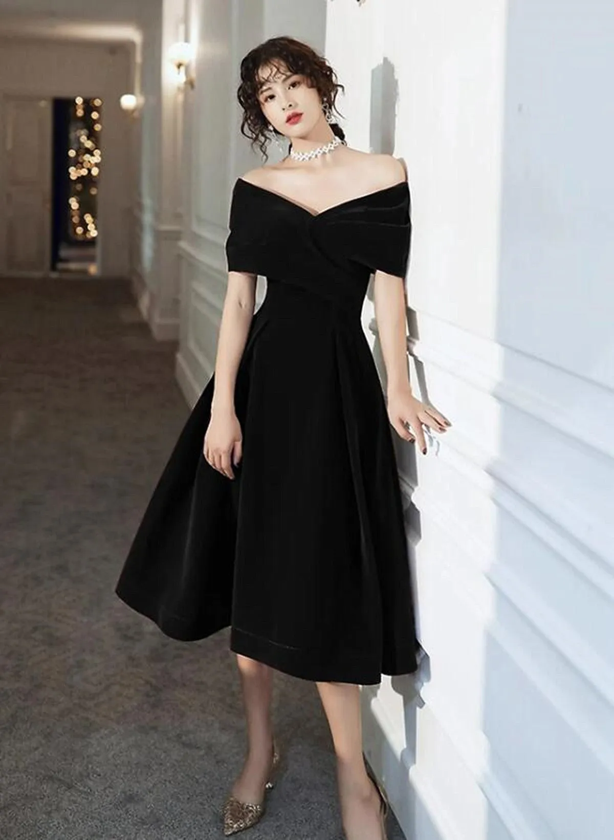 Off Shoulder Black Velvet Tea Length Party Dress, Off Shoulder Velvet Homecoming Dress