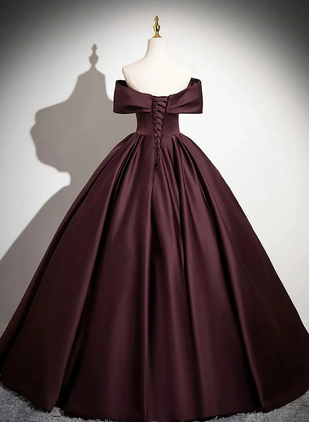 Off Shoulder Maroon Satin Long Party Dress, Maroon Prom Dress