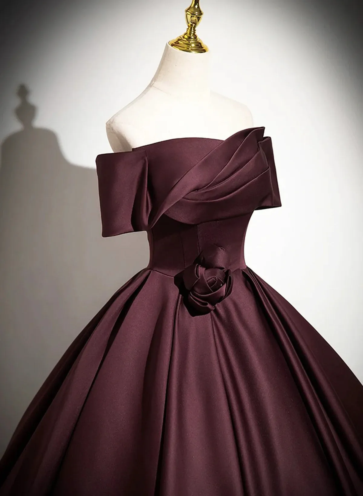 Off Shoulder Maroon Satin Long Party Dress, Maroon Prom Dress