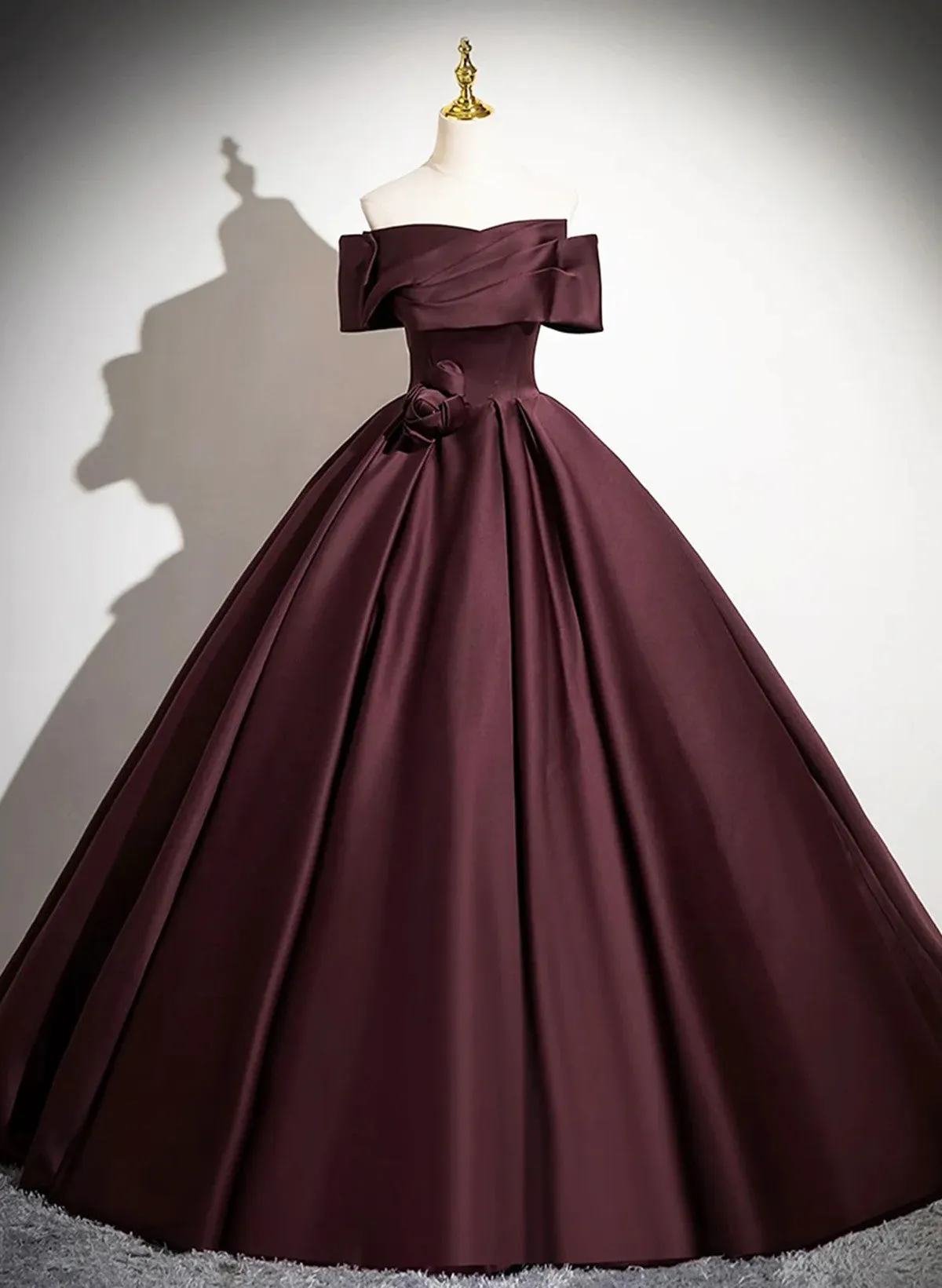 Off Shoulder Maroon Satin Long Party Dress, Maroon Prom Dress