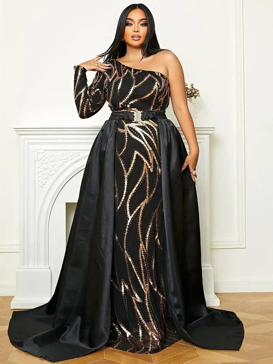 One Shoulder Cloak Sequin Prom Dress XH2172