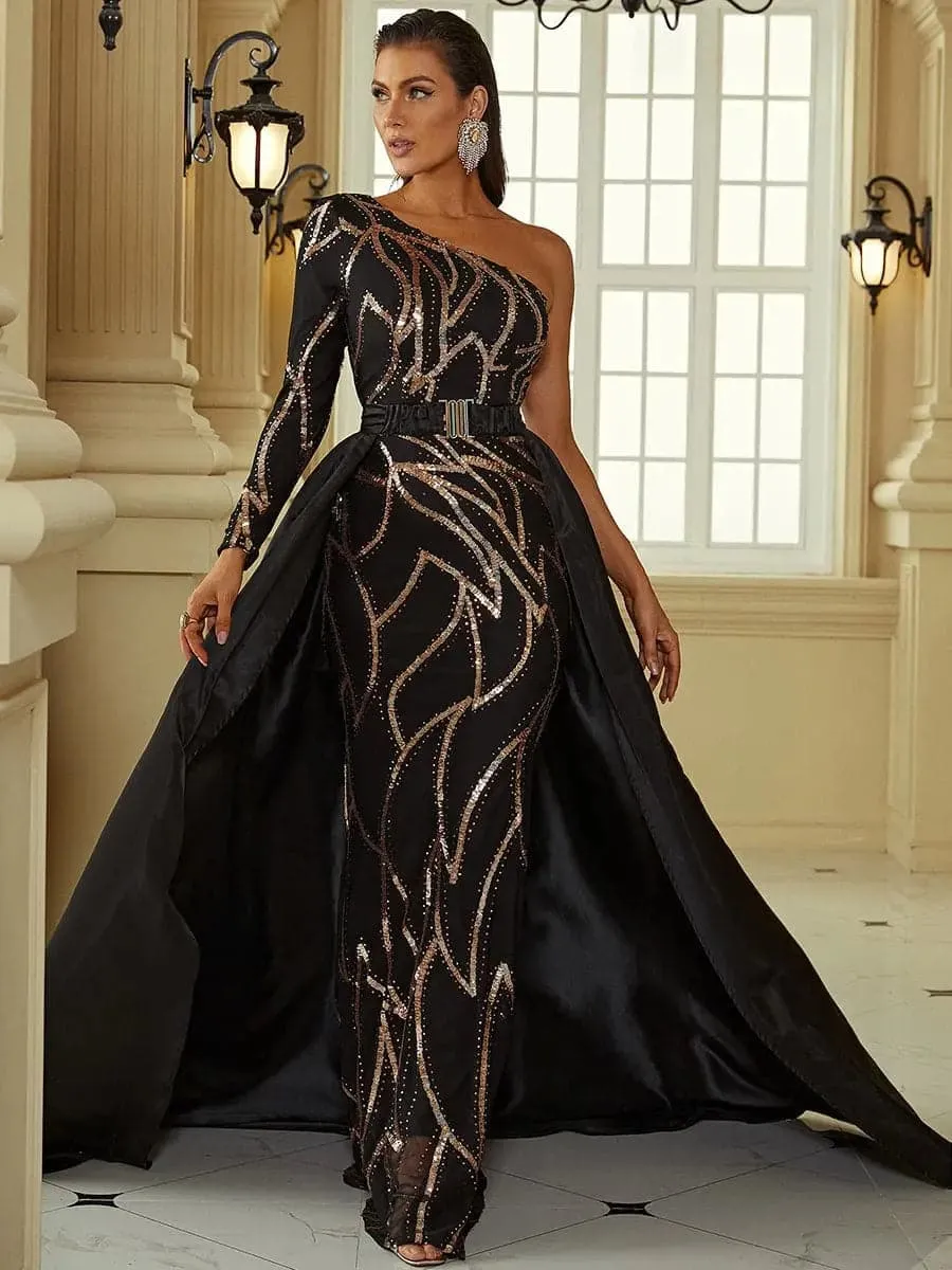 One Shoulder Cloak Sequin Prom Dress XH2172