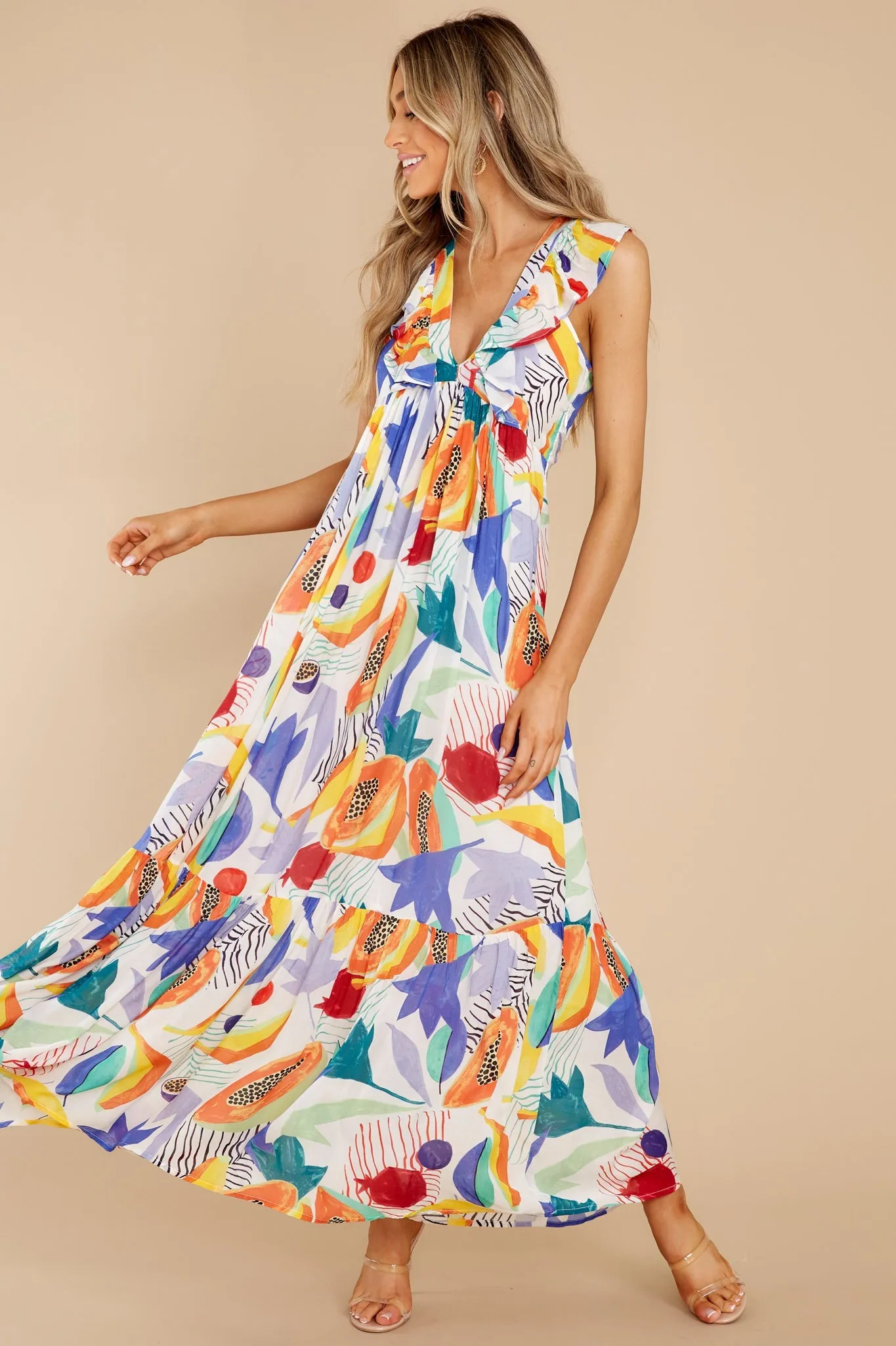 Papaya Yellow Ruffle V-Neck Maxi Dress