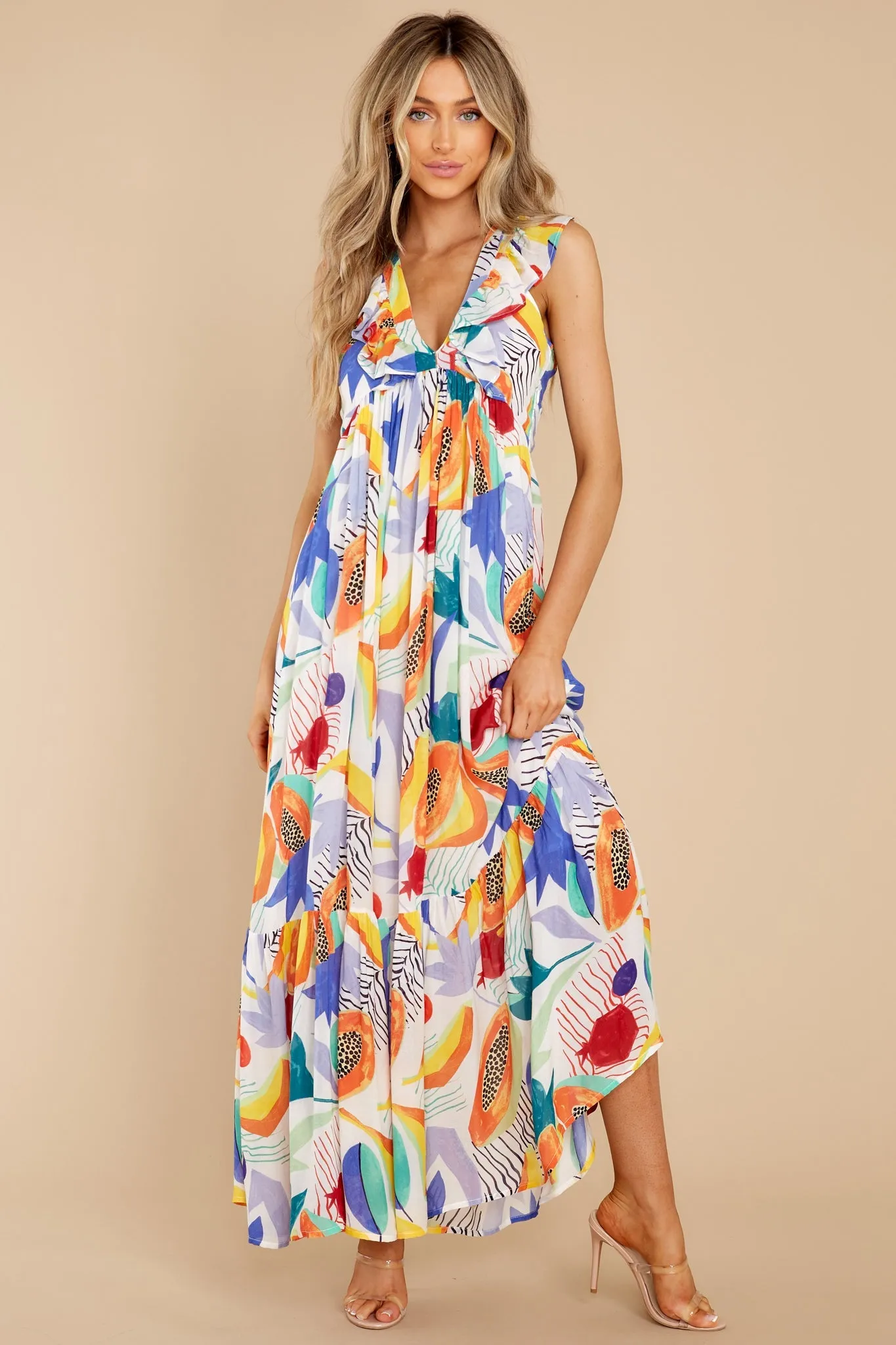 Papaya Yellow Ruffle V-Neck Maxi Dress