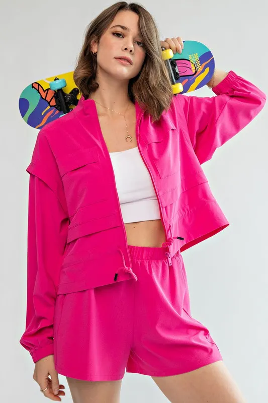 Pink Plus Size Crinkle Woven Cropped Jacket