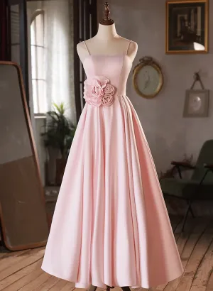 Pink Straps Sweetheart Long Satin Wedding Party Dress, Pink Formal Dress Prom Dress