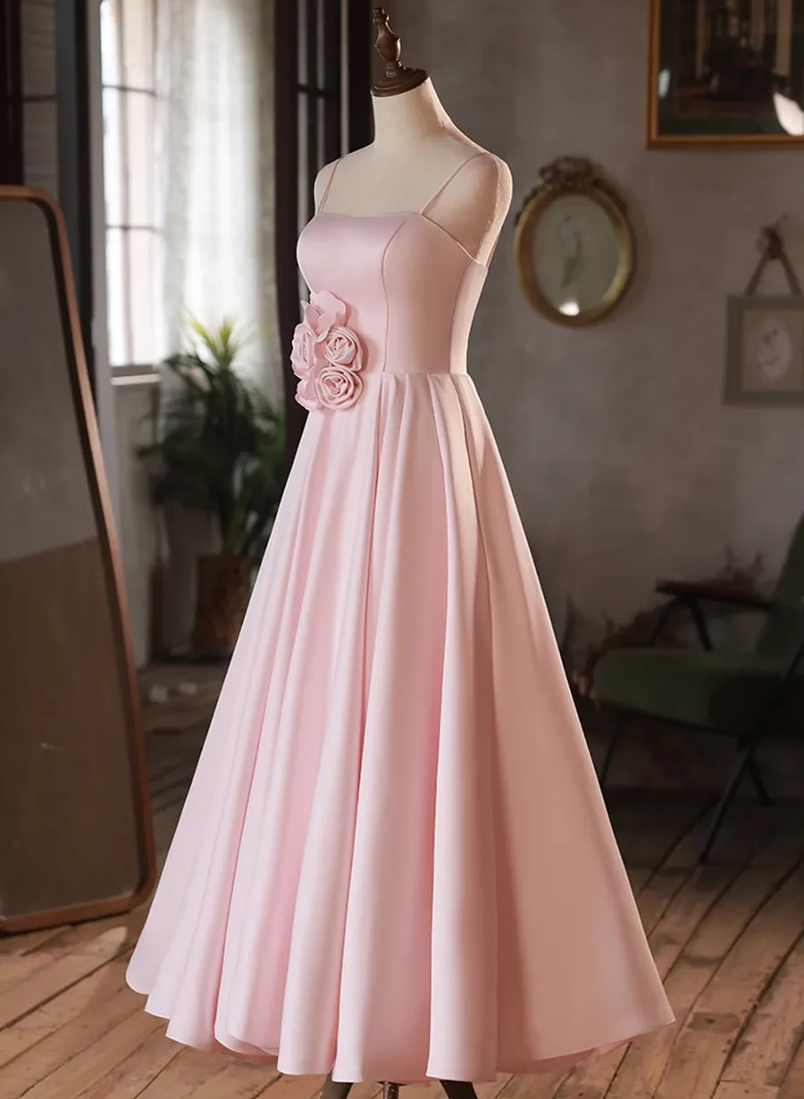 Pink Straps Sweetheart Long Satin Wedding Party Dress, Pink Formal Dress Prom Dress