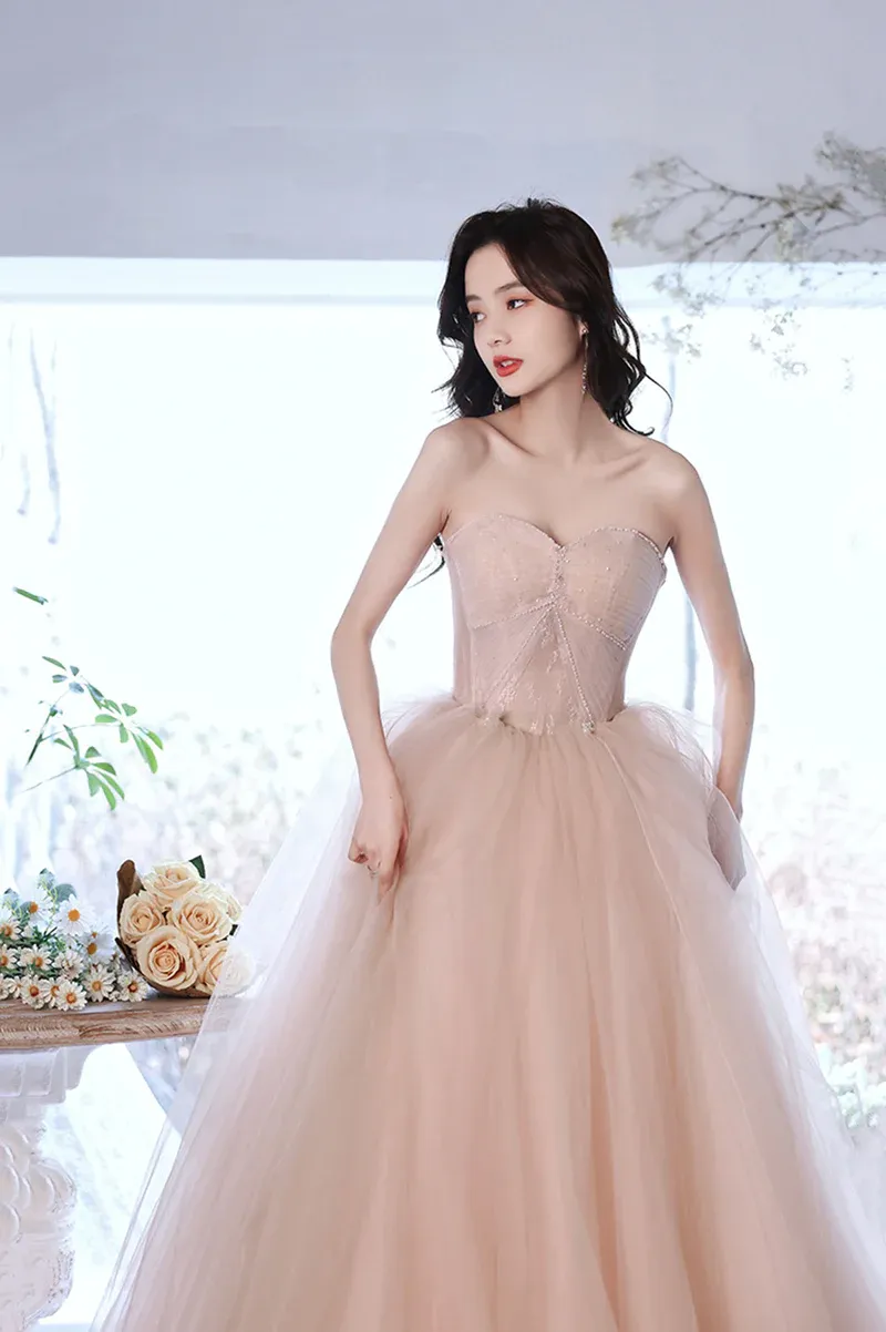 Pink Sweetheart Tulle Long Formal Dress Evening Dress, Pink Tulle Party Dress