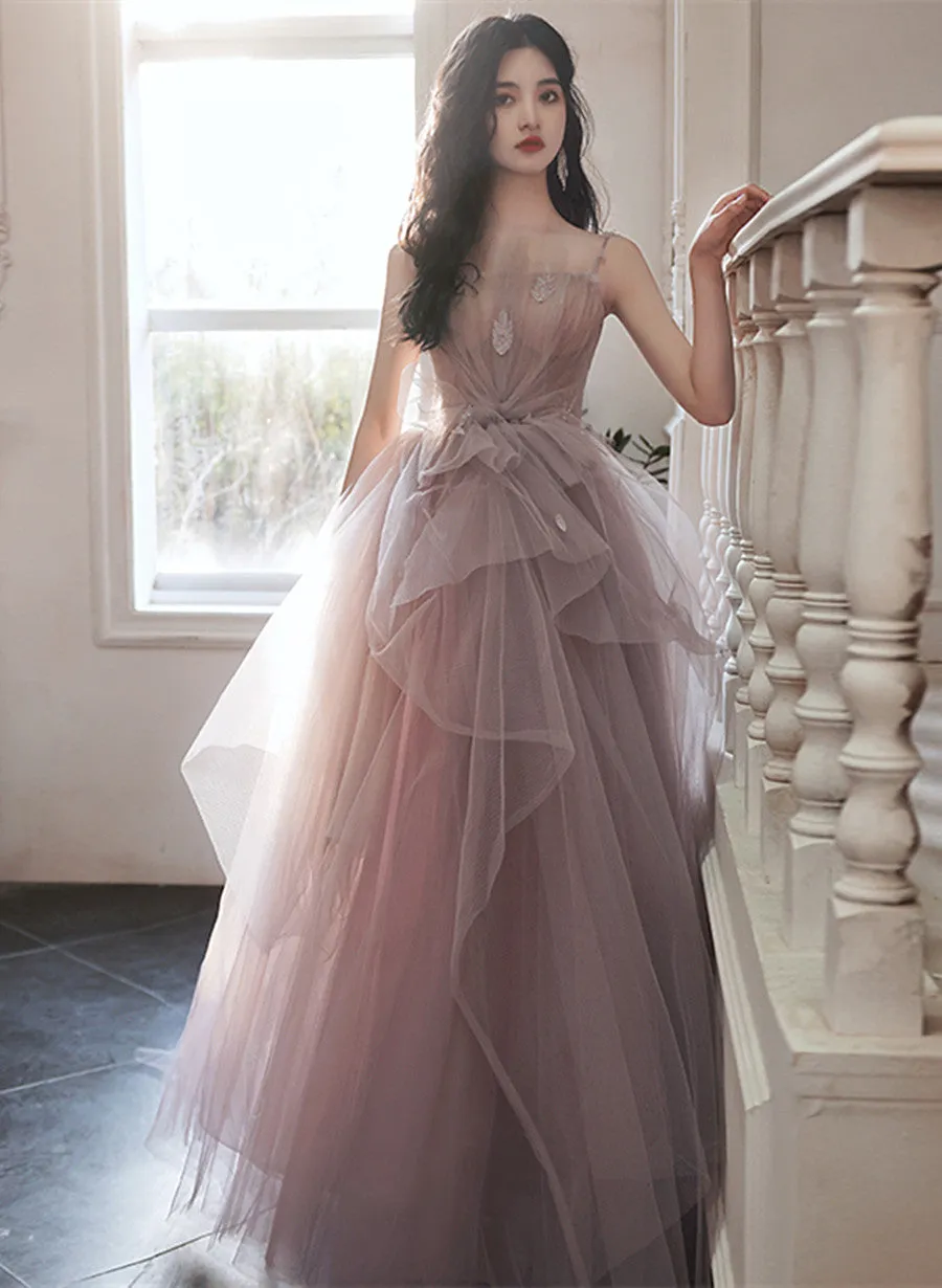 Pink Tulle Straps Long Formal Dress, Dark Pink A-line Prom Dress