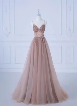 Pink V-neckline Beaded Straps Long Party Dress, A-line Pink Tulle Floor Length Prom Dress