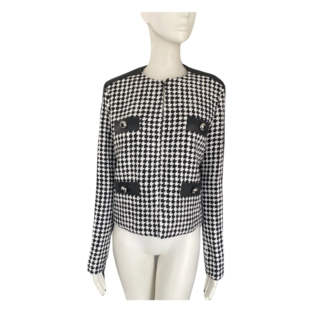 PINKO Houndstooth Fringe Jacket Black White SIZE 12