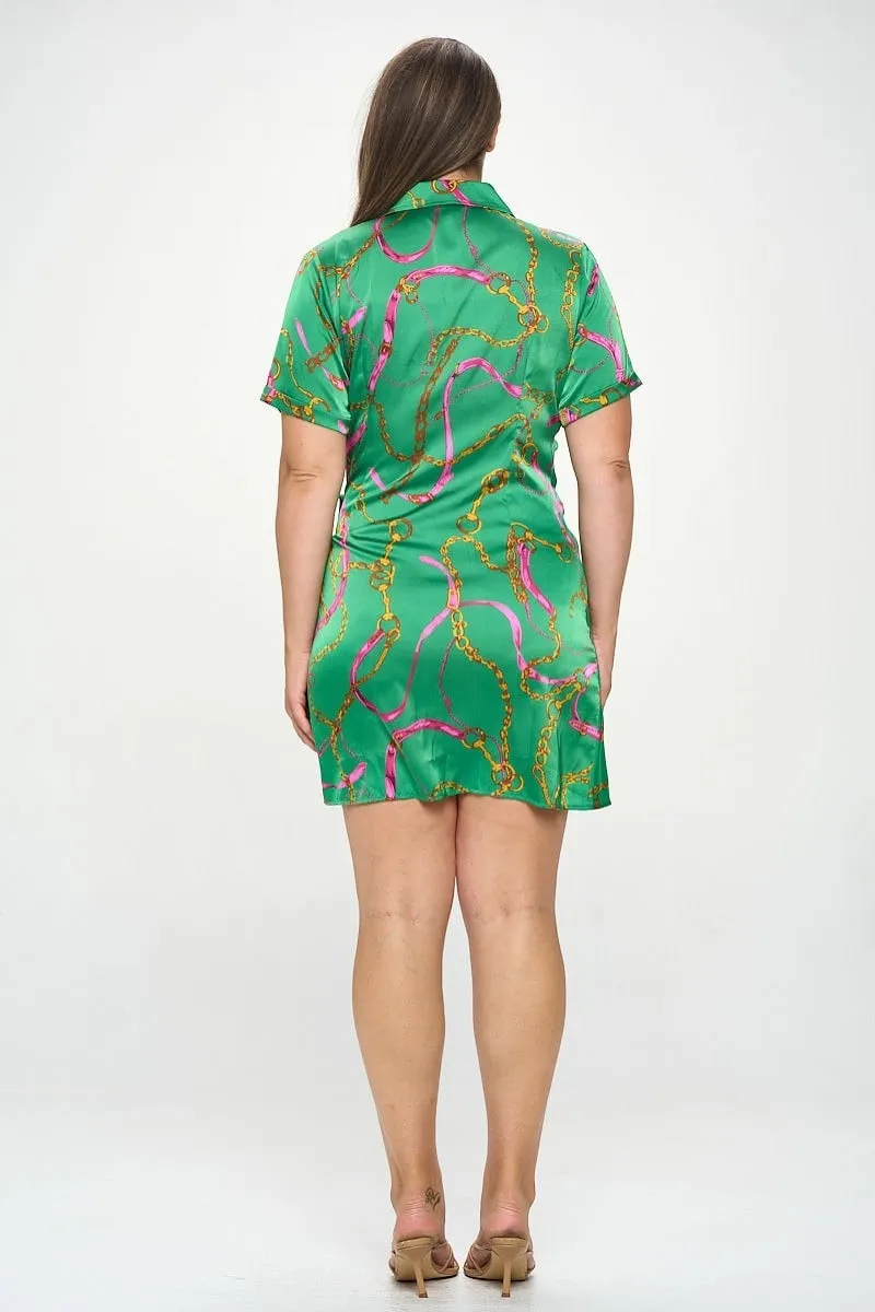 Plus chain belt print short sleeve wrap tie dress