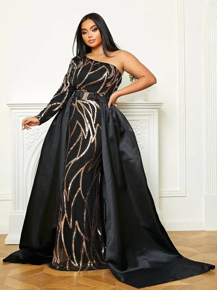 Plus Size One Shoulder Sequin Maxi Prom Dress PXH2172