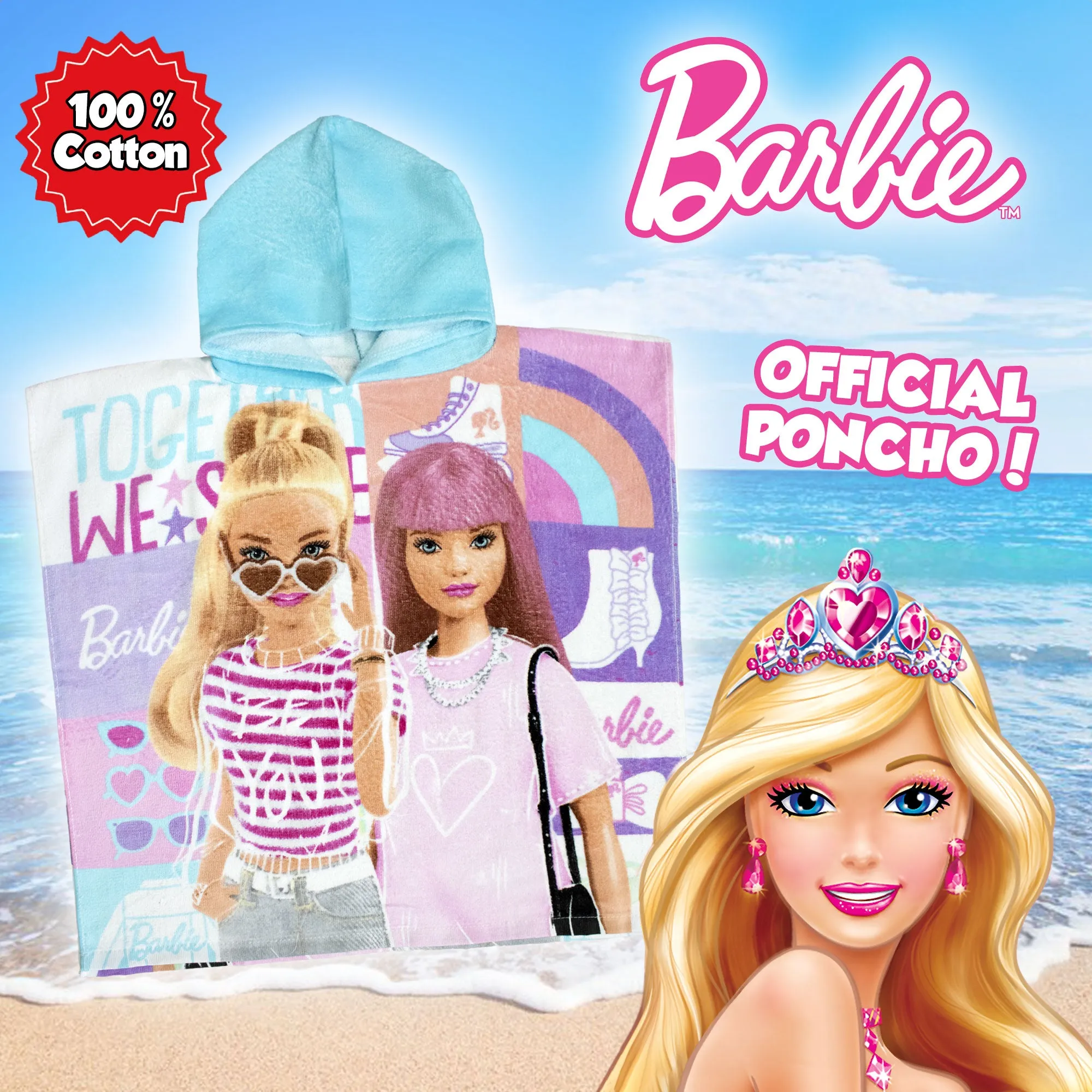 Poncho mare Barbie in cotone per bambina 60x120cm asciugamano piscina 6802