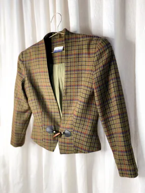 PURE WOOL VINTAGE PLAID CROPPED JACKET [ Olive Green, Size Small ]