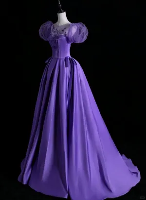 Purple Satin Short Sleeves Long Formal Dress, A-line Purple Prom Dress