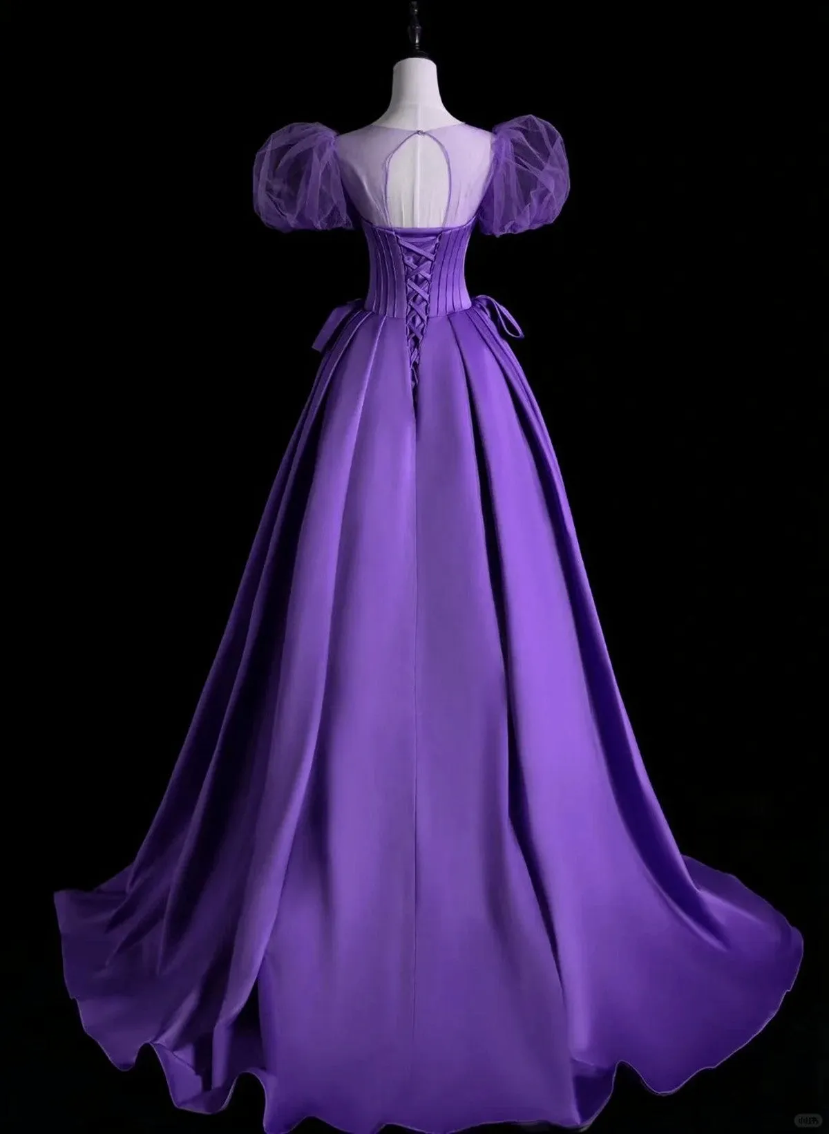 Purple Satin Short Sleeves Long Formal Dress, A-line Purple Prom Dress