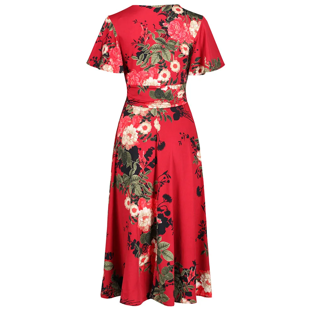 Red Wine Floral Print Cap Sleeve V Neck Wrap Top Swing Dress