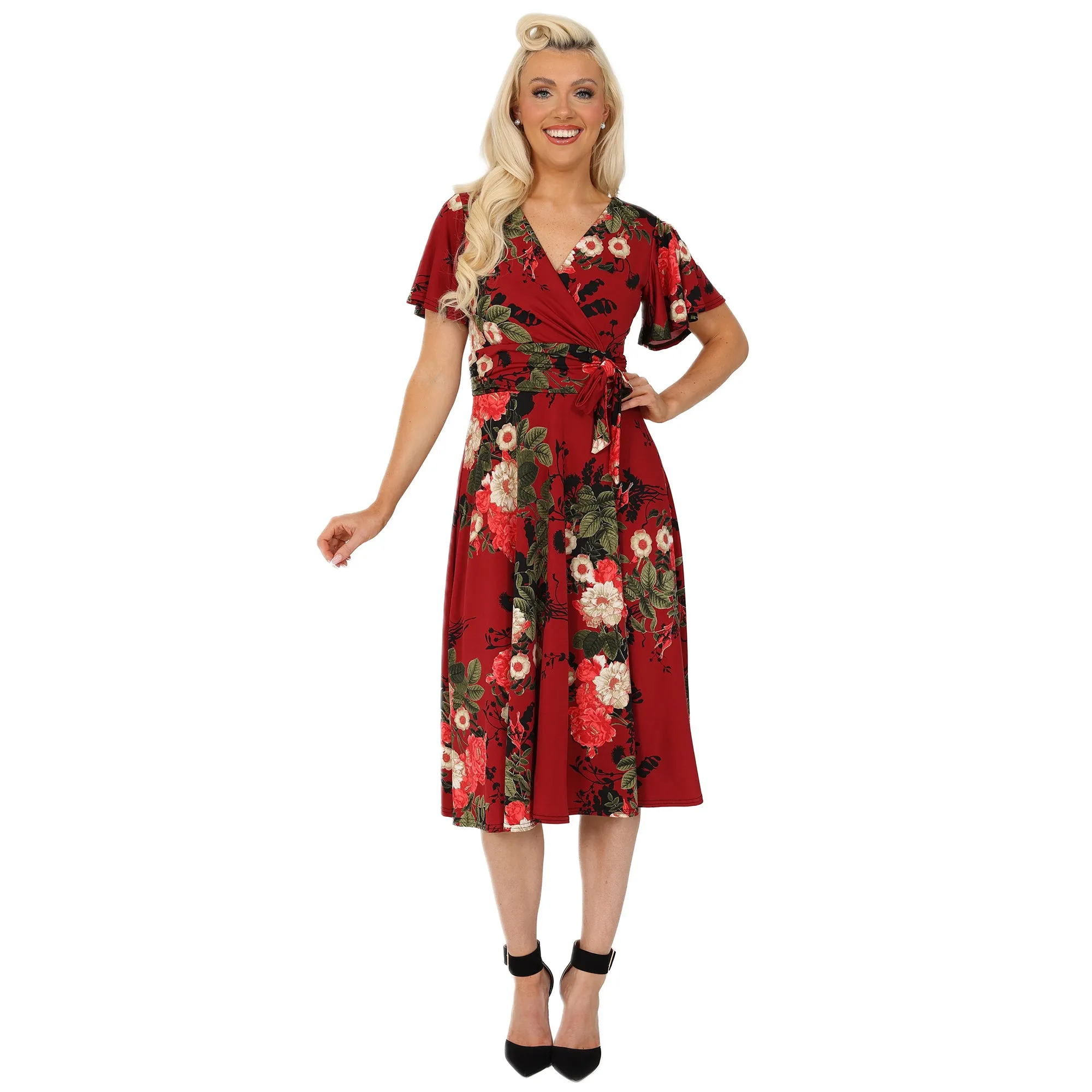 Red Wine Floral Print Cap Sleeve V Neck Wrap Top Swing Dress