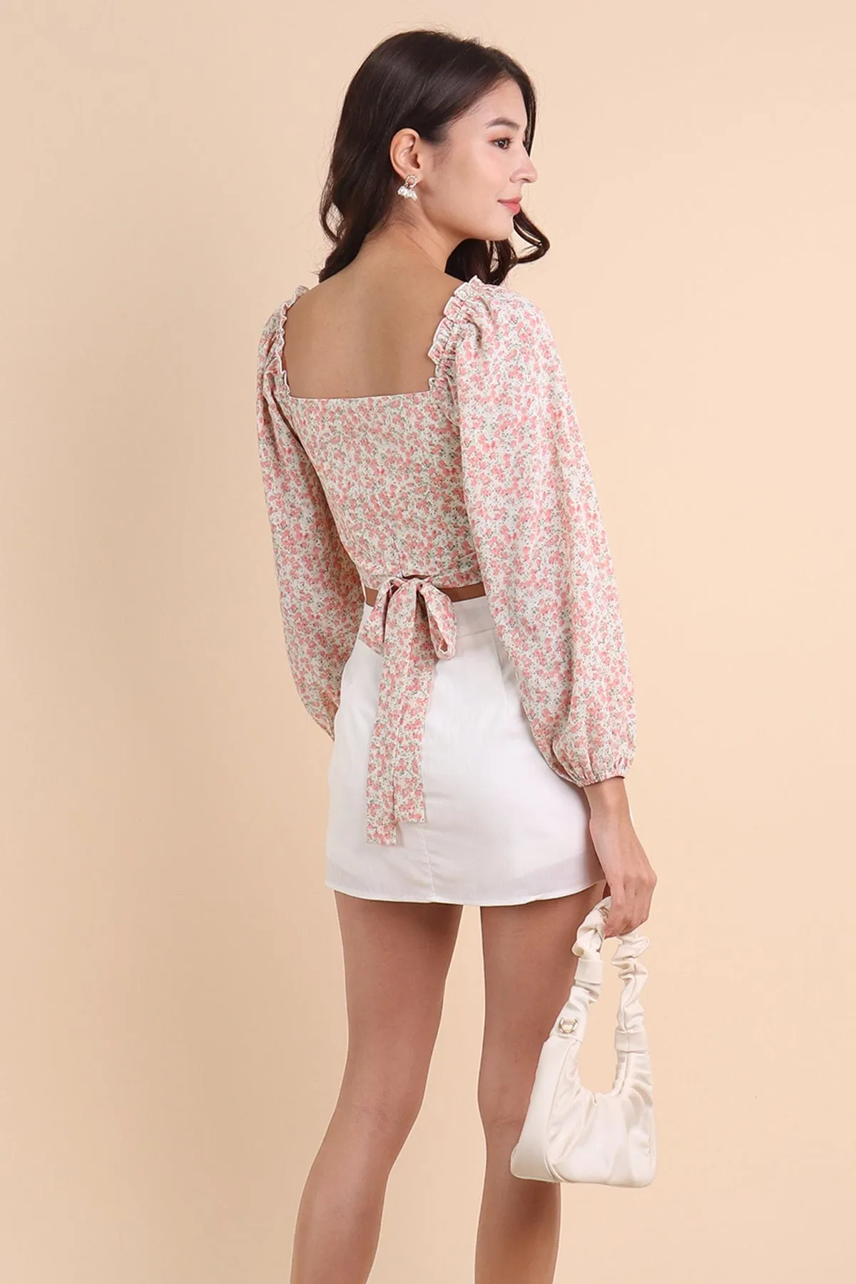 ROSETTE FLORAL SLEEVE TOP IN STRAWBERRY MILK