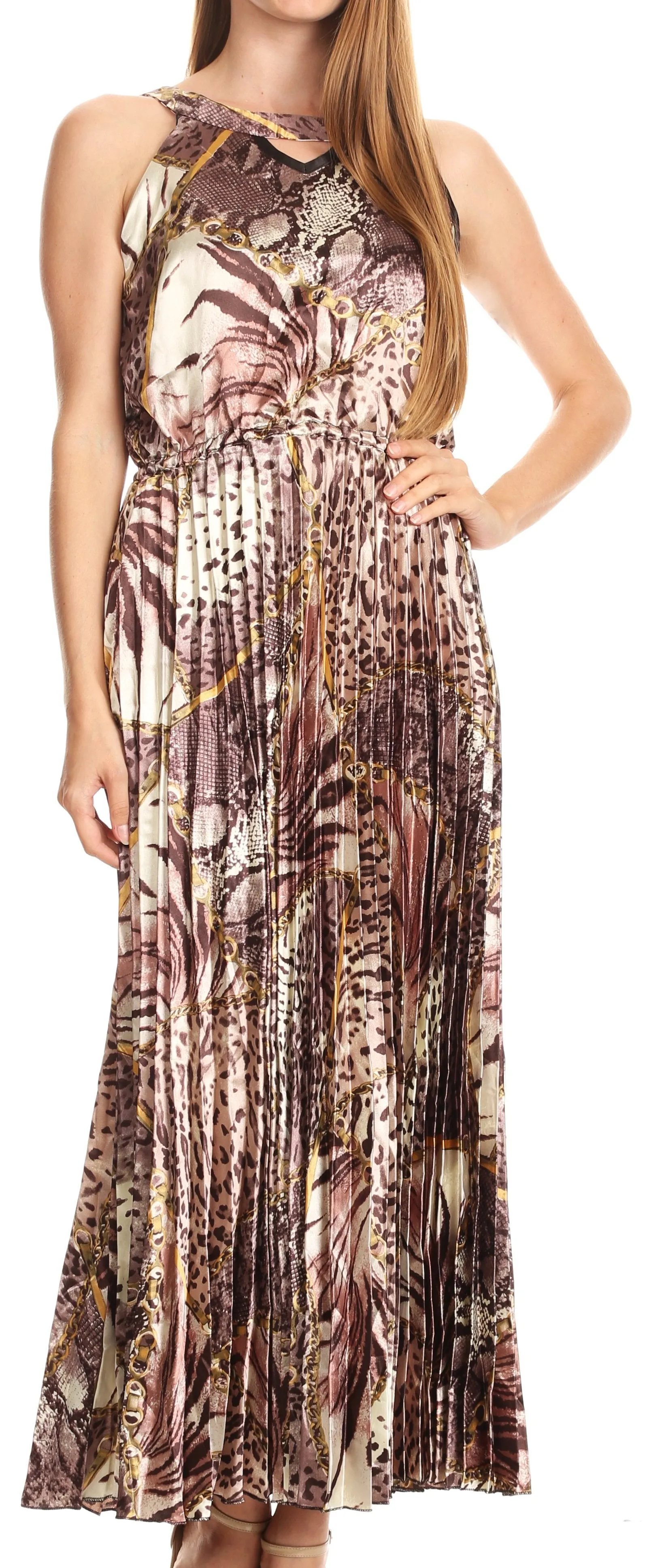 Sakkas Vanna Sleeveless Exotic Animal Print Casual Evening Dress Pleated Satin