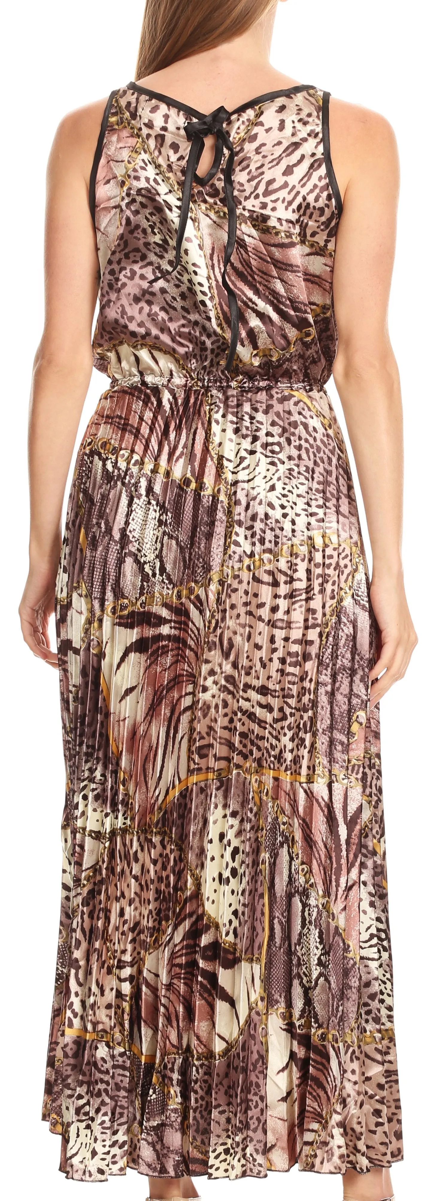 Sakkas Vanna Sleeveless Exotic Animal Print Casual Evening Dress Pleated Satin