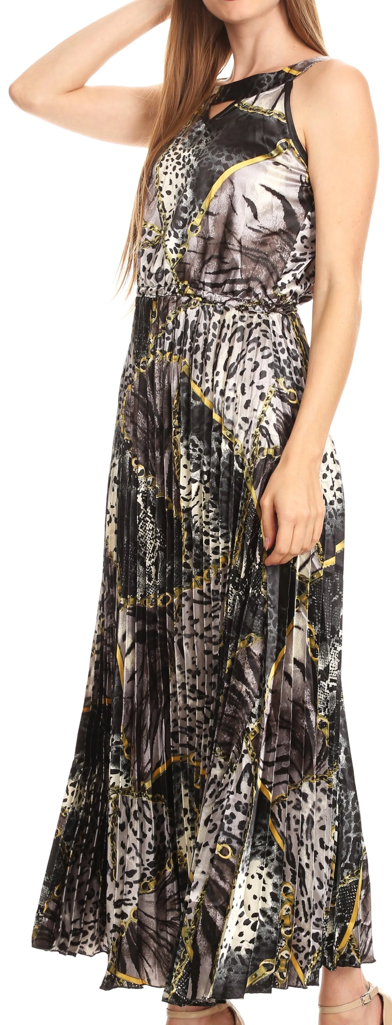 Sakkas Vanna Sleeveless Exotic Animal Print Casual Evening Dress Pleated Satin