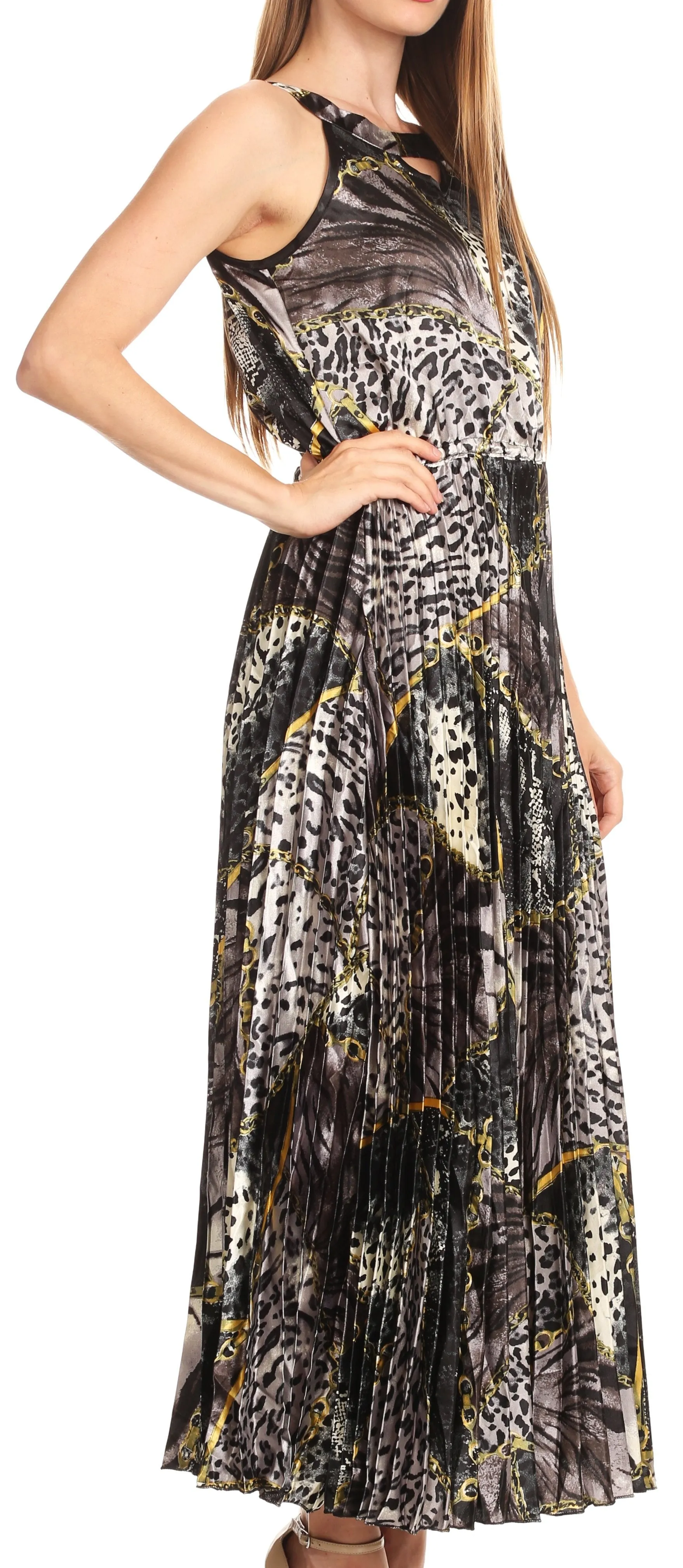 Sakkas Vanna Sleeveless Exotic Animal Print Casual Evening Dress Pleated Satin