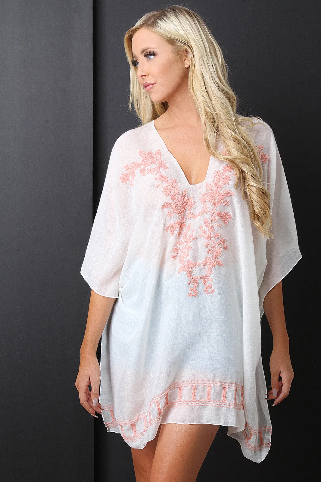 Semi-Sheer Floral Embroidery Poncho Top