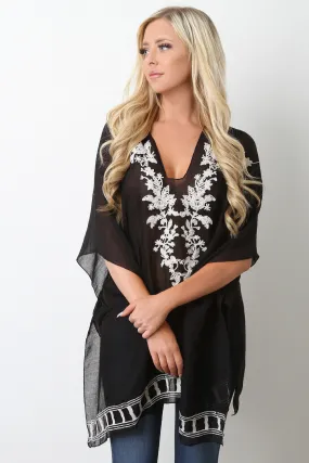 Semi-Sheer Floral Embroidery Poncho Top