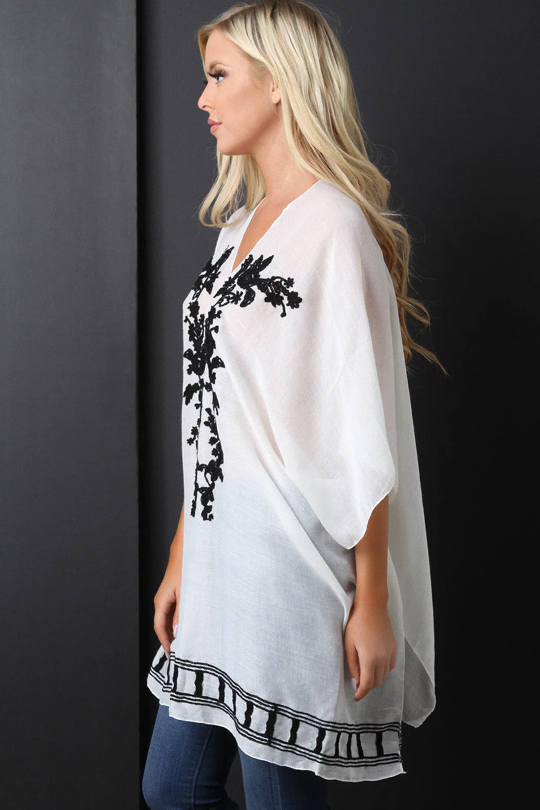 Semi-Sheer Floral Embroidery Poncho Top