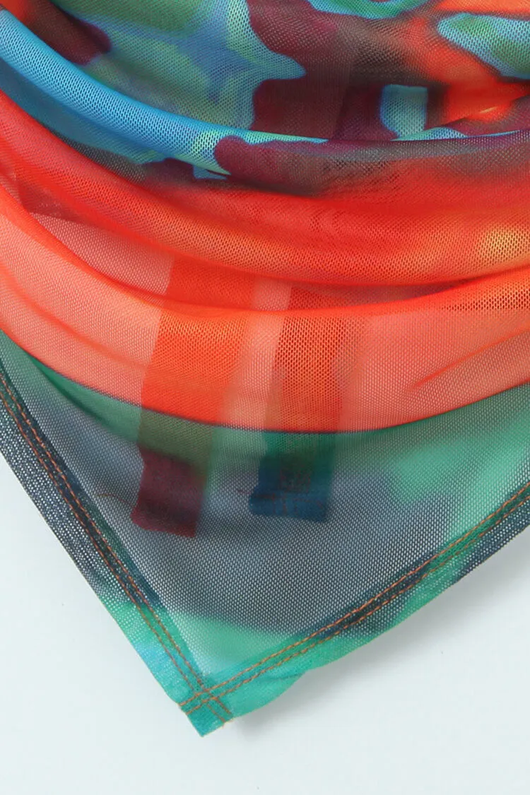 Sexy Tie Dye Cowl Neck Bow Tie Back Sheer Mesh Scarf Crop Tank Top