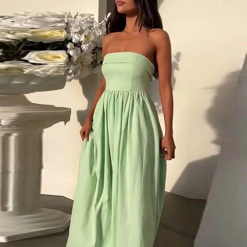 Sleeveless Solid Long Sexy Strapless High Waist Elegant Off Shoulder Pleated Party Fashion Dress