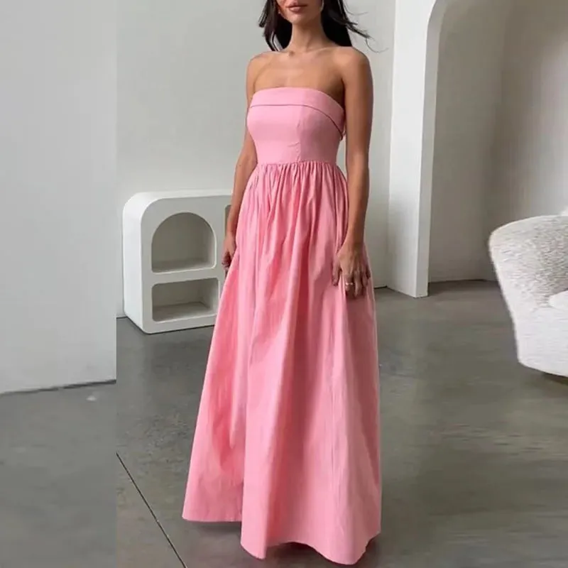 Sleeveless Solid Long Sexy Strapless High Waist Elegant Off Shoulder Pleated Party Fashion Dress