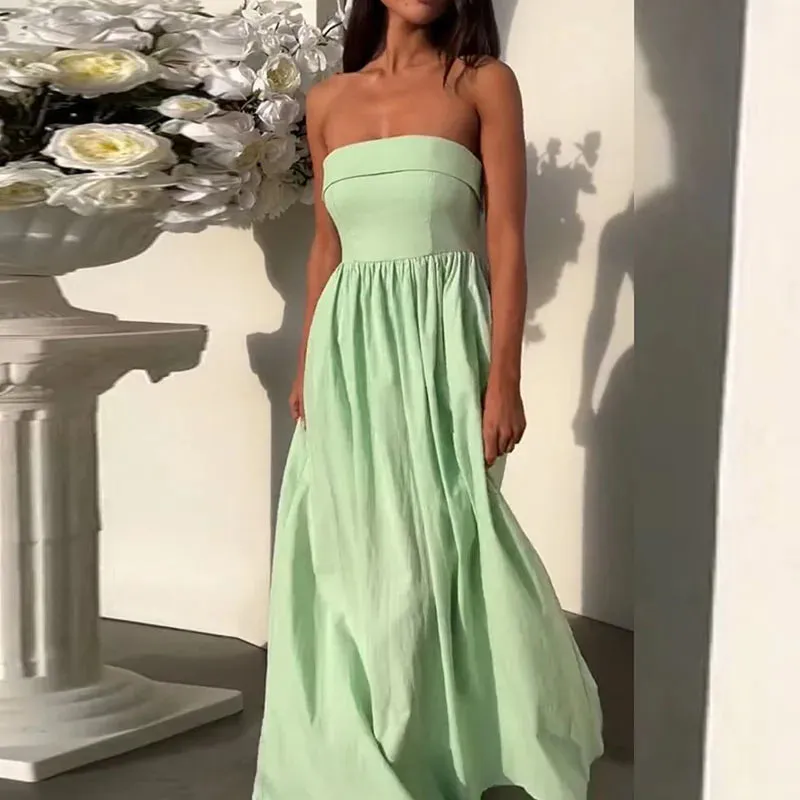 Sleeveless Solid Long Sexy Strapless High Waist Elegant Off Shoulder Pleated Party Fashion Dress