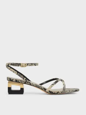 Snake Print Sculptural Chrome Heel Sandals