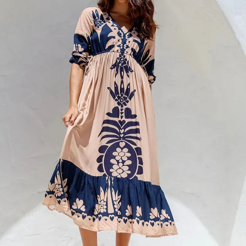 Spring Printed Loose Sexy V-neck High Waist Pleated Long Elegant Short Sleeved Summer 2024 Dress