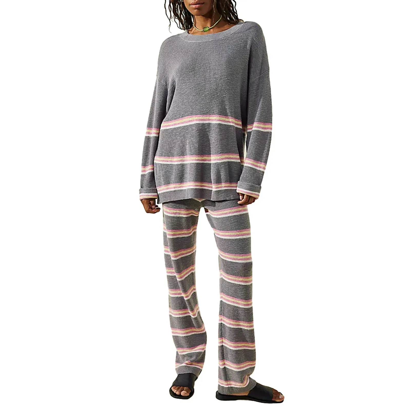 Striped Long Sleeve Pullover Wide Leg Casual Matching Lounge Knit Pajamas