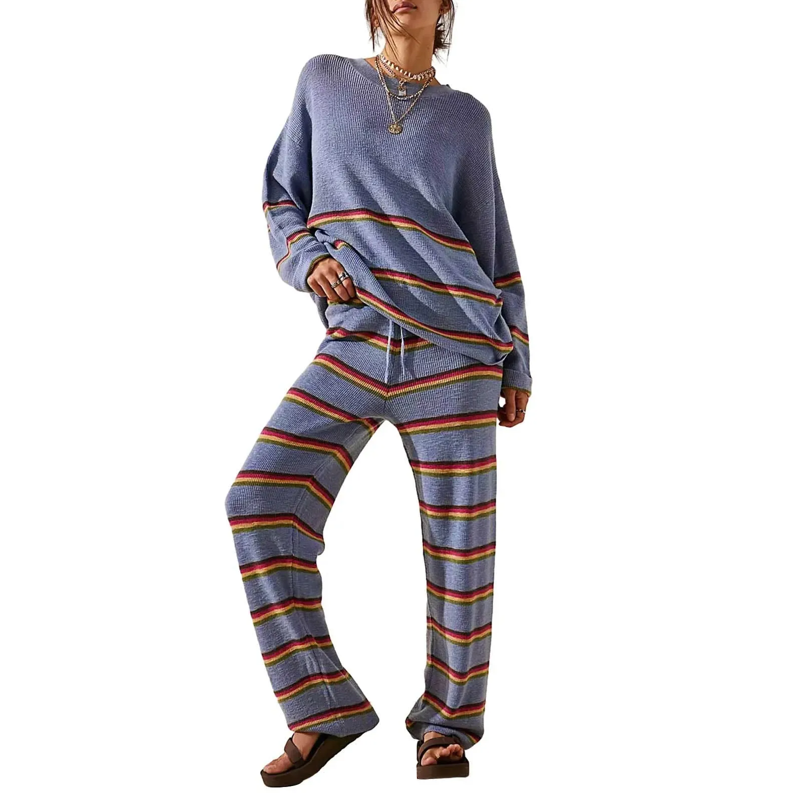 Striped Long Sleeve Pullover Wide Leg Casual Matching Lounge Knit Pajamas